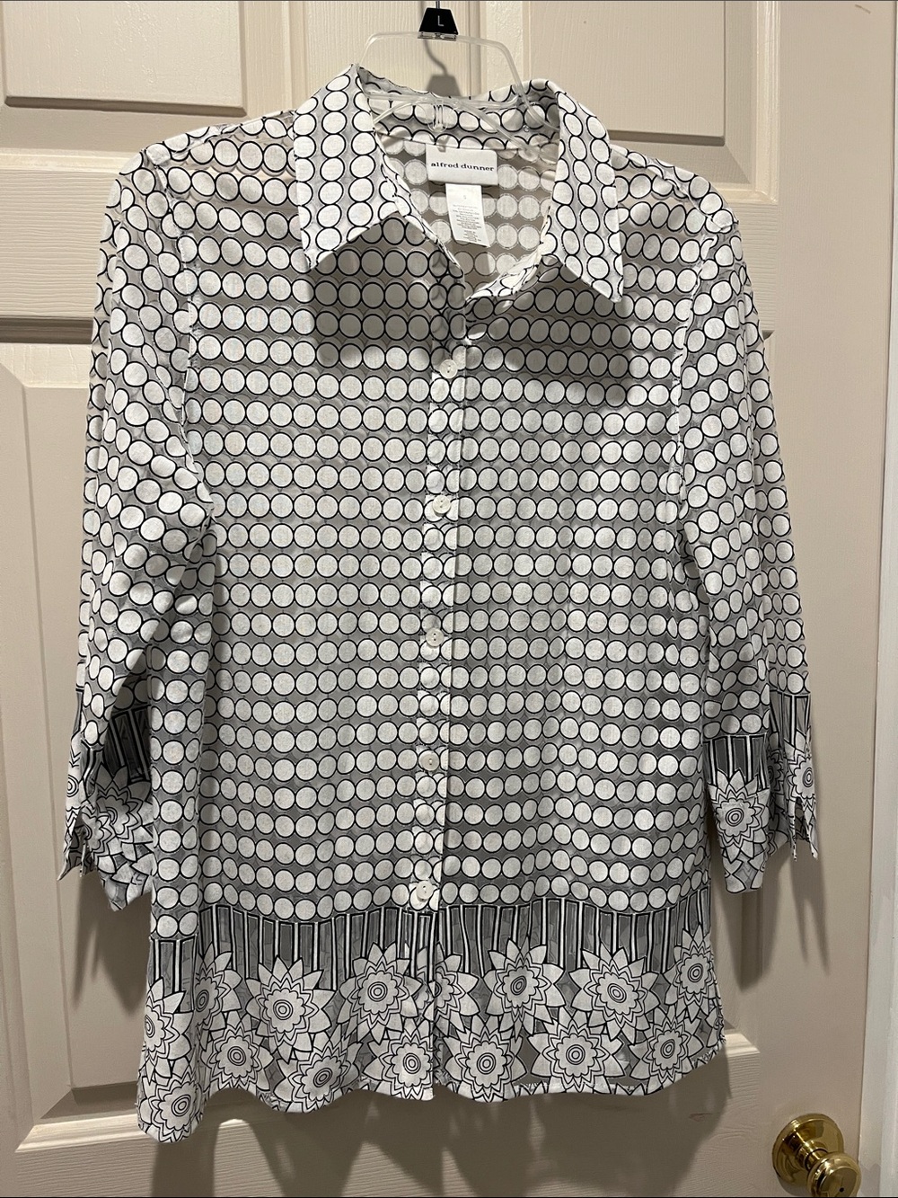 Alfred Dunner White and Black Button-Down Geometric Print Shirt
